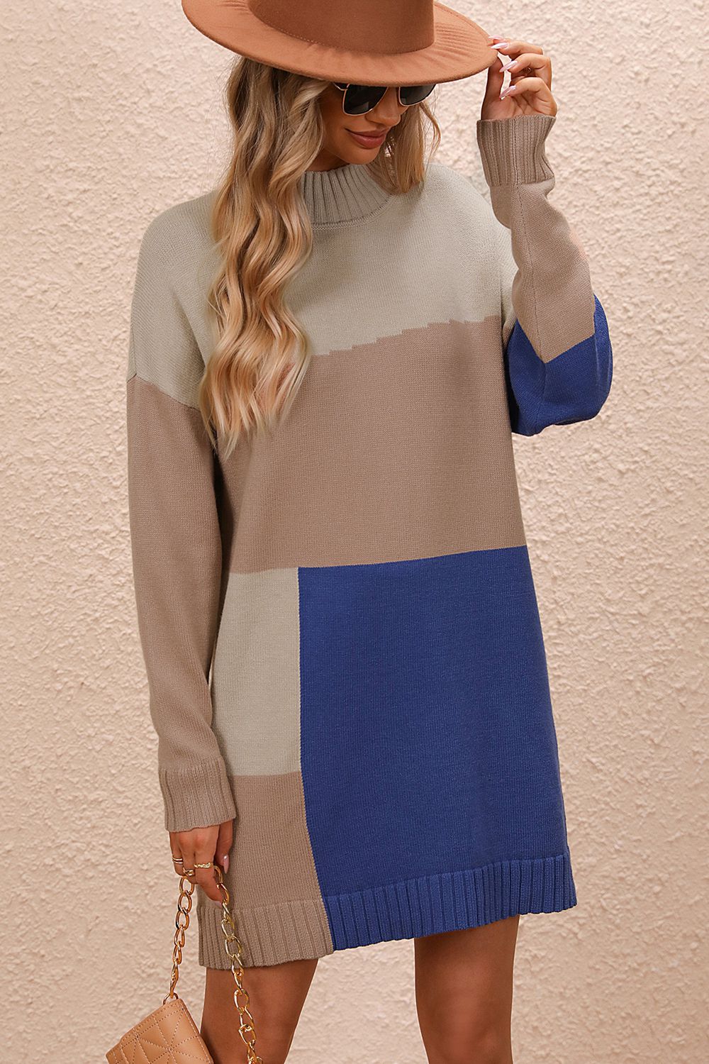 Sasha Rivière — Color Block Mock Neck Dropped Shoulder Sweater Dress, alternate view 5