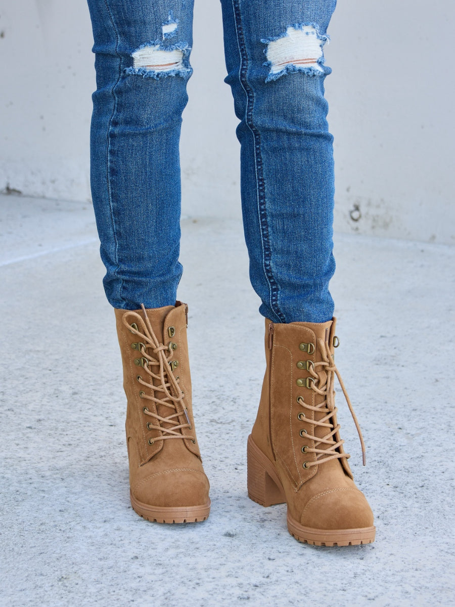 Forever Link Lace-Up Zipper Detail Block Heel Boots - Opulent Empire