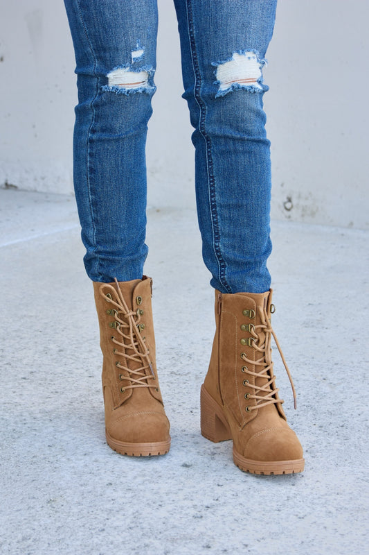 Forever Link Lace-Up Zipper Detail Block Heel Boots - Opulent Empire