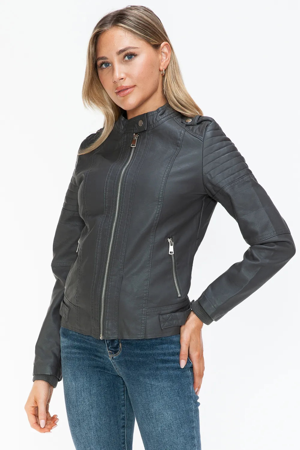 Jules Rosetti — Snobbish PU Leather Biker Jacket with Side Zip Pockets, alternate view 7