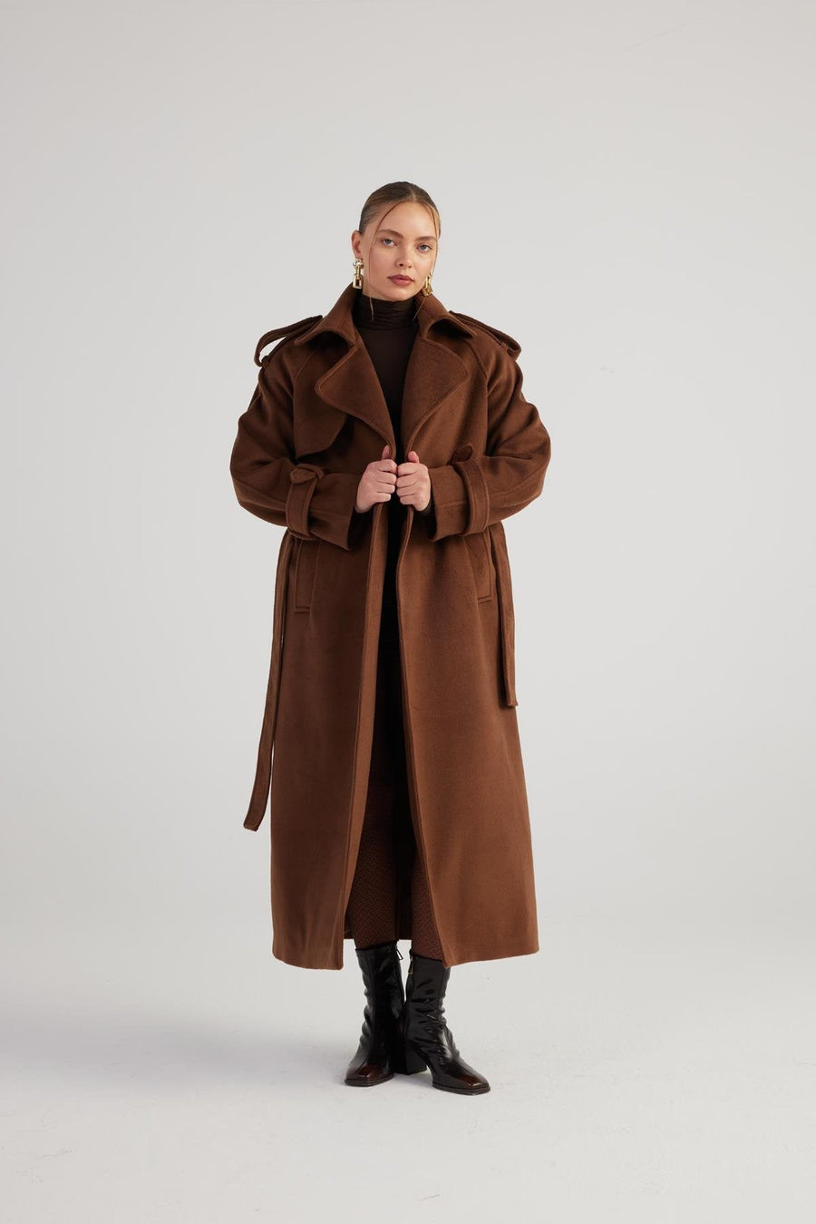 Nora — Brown Cashmere Blend Maxi Coat, alternate view 2