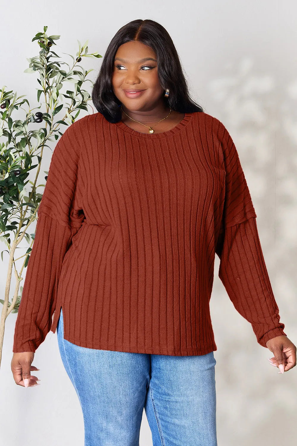 Vale Delacroix — Basic Bae Full Size Ribbed Round Neck Slit Knit Top, alternate view 22
