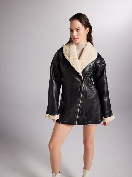 Monero Black Vegan Faux Leather Coat with Fur Lining