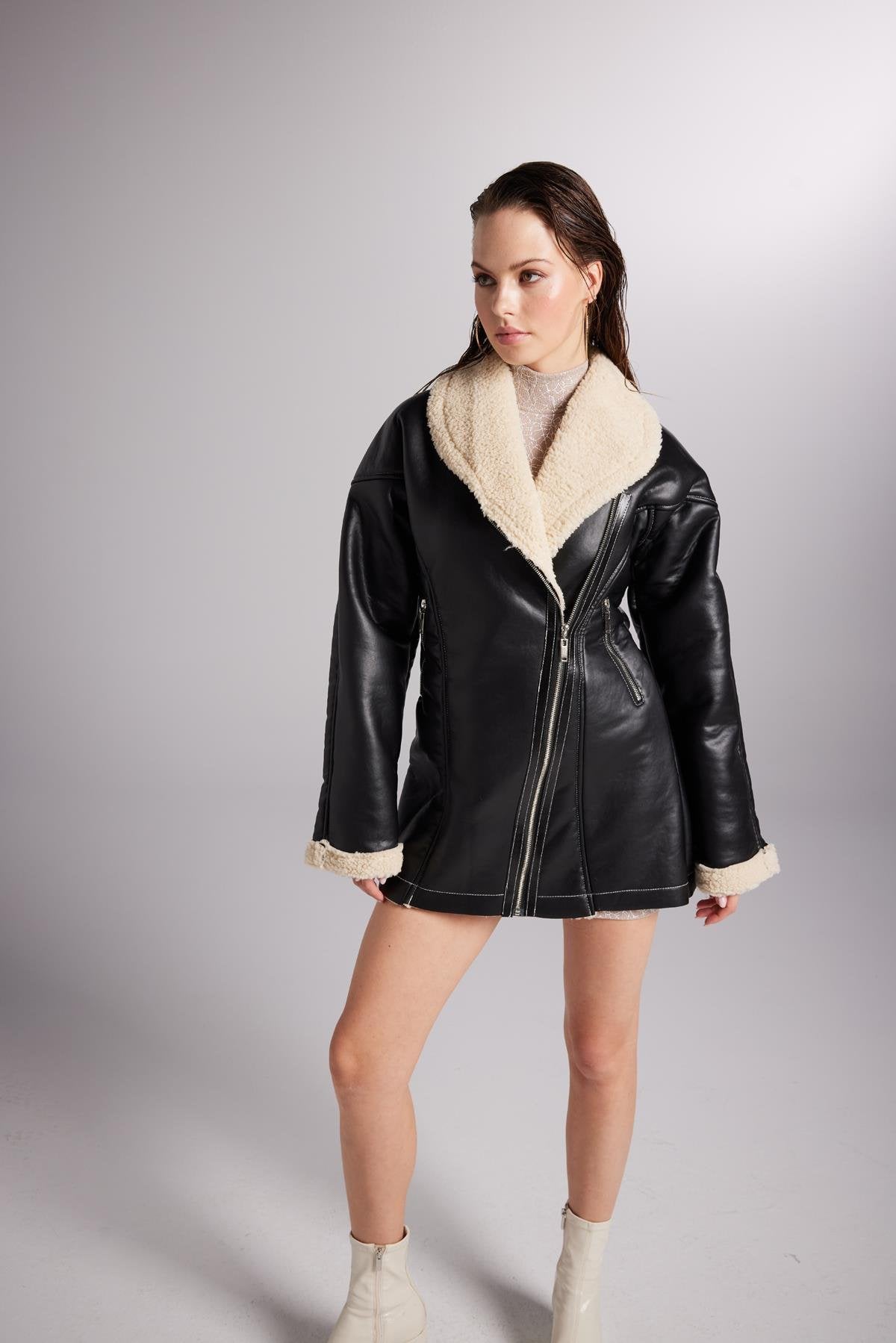 Monero — Black Vegan Faux Leather Coat with Fur Lining, alternate view 2