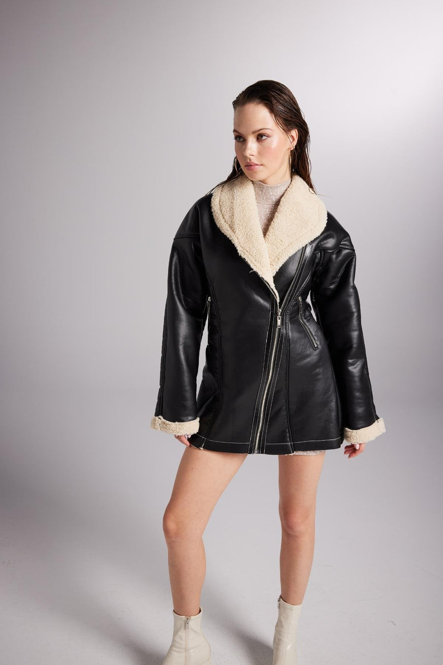 Monero — Black Vegan Faux Leather Coat with Fur Lining, alternate view 2