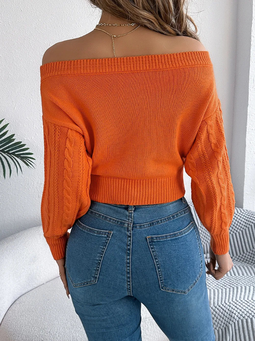 Perrin Fontaine — Cable Knit Off-Shoulder Long Sleeve Sweater, alternate view 12