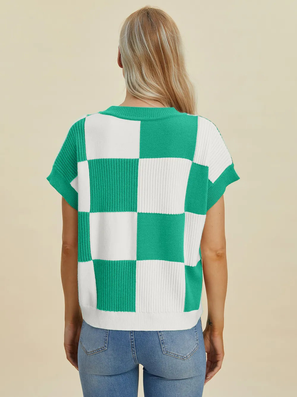 Cove Delacroix — Double Take Full Size Checkered Round Neck Short Sleeve Sweater, alternate view 21