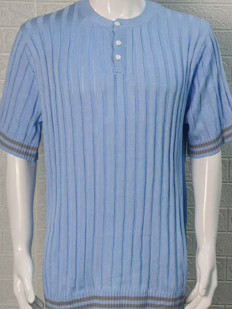 Men's Plus Size Ribbed Quarter Button Round Neck Striped Trim Polo - Opulent Empire