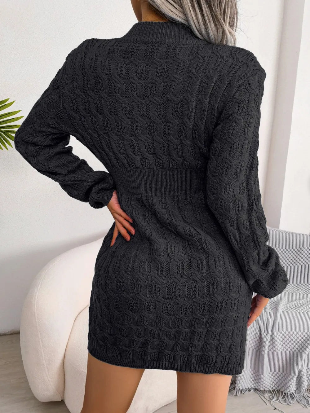 Sage Valmont — Cable-Knit Round Neck Mini Wrap Sweater Dress, alternate view 3