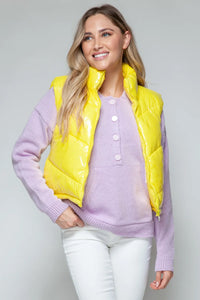 Darcy Rosetti — Snobbish Zip Up Turtleneck Shiny Quilted Vest Yellow Sweater or Cardigan