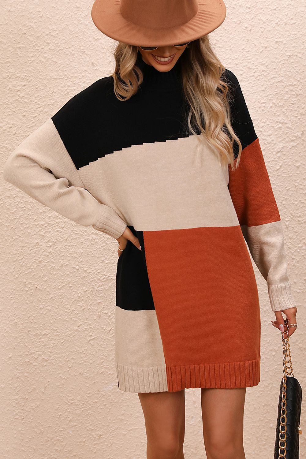 Sasha Rivière — Color Block Mock Neck Dropped Shoulder Sweater Dress, alternate view 3