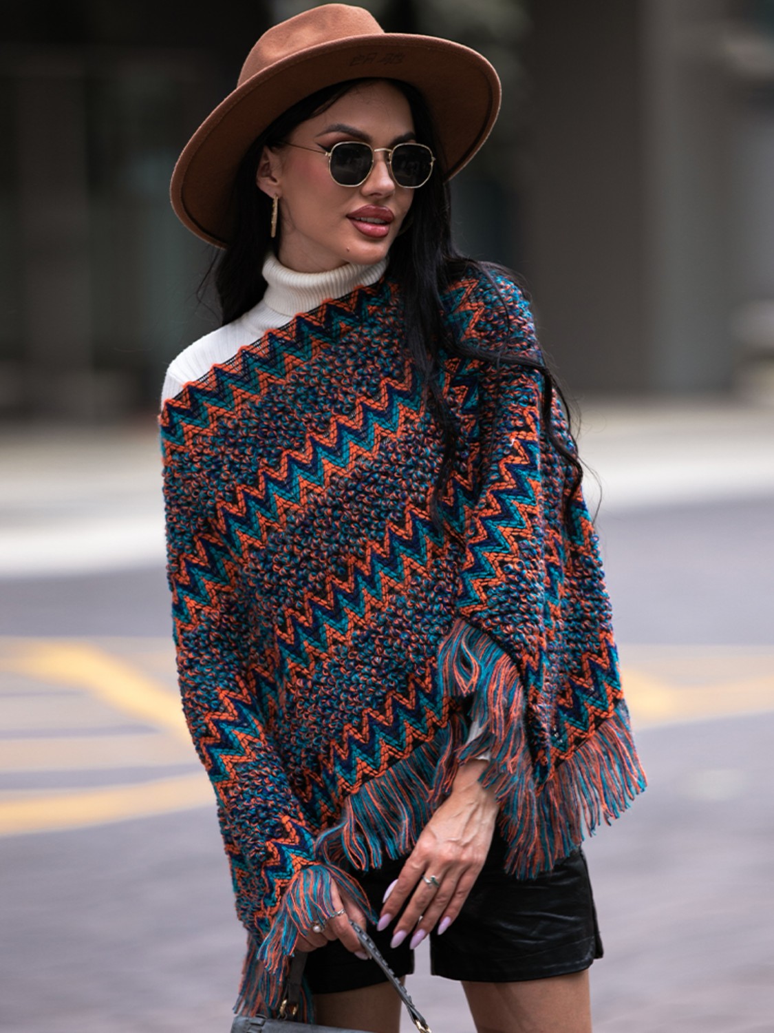 Harbor Versailles — Shiny Fringe Hem Boat Neck Poncho, alternate view 6