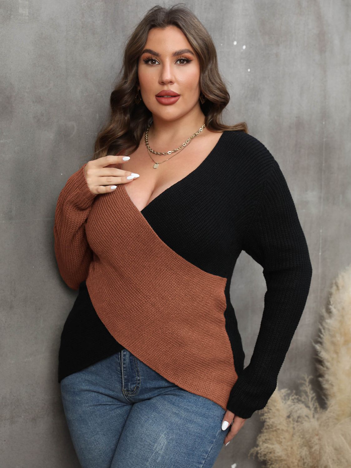 Aster Rousseau — Plus Size Two-Tone Surplice Neck Sweater, alternate view 8