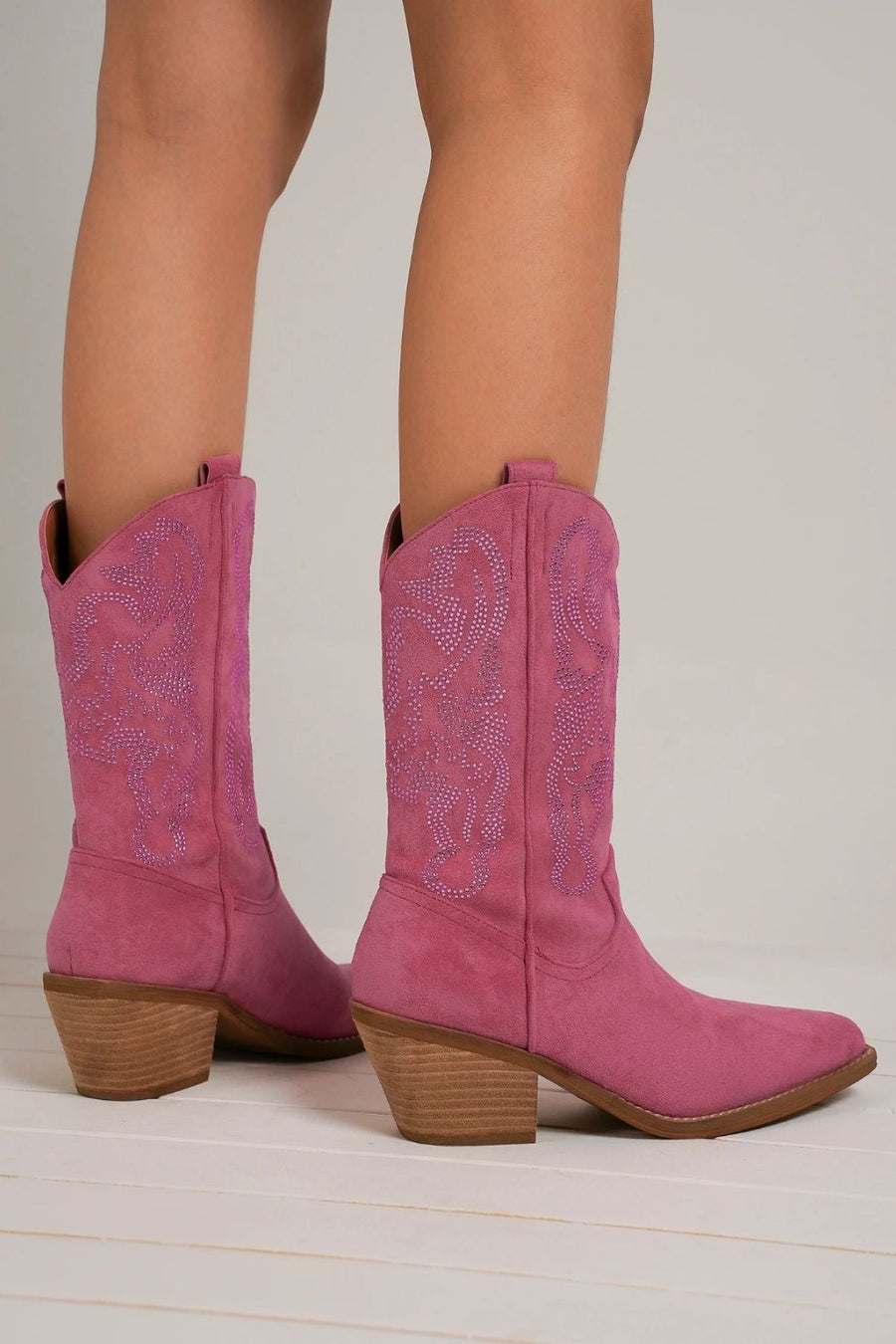 Rain Laurent — Beast Fashion Rhinestone Detail Point Toe Boots Cerise Fashion Footwear