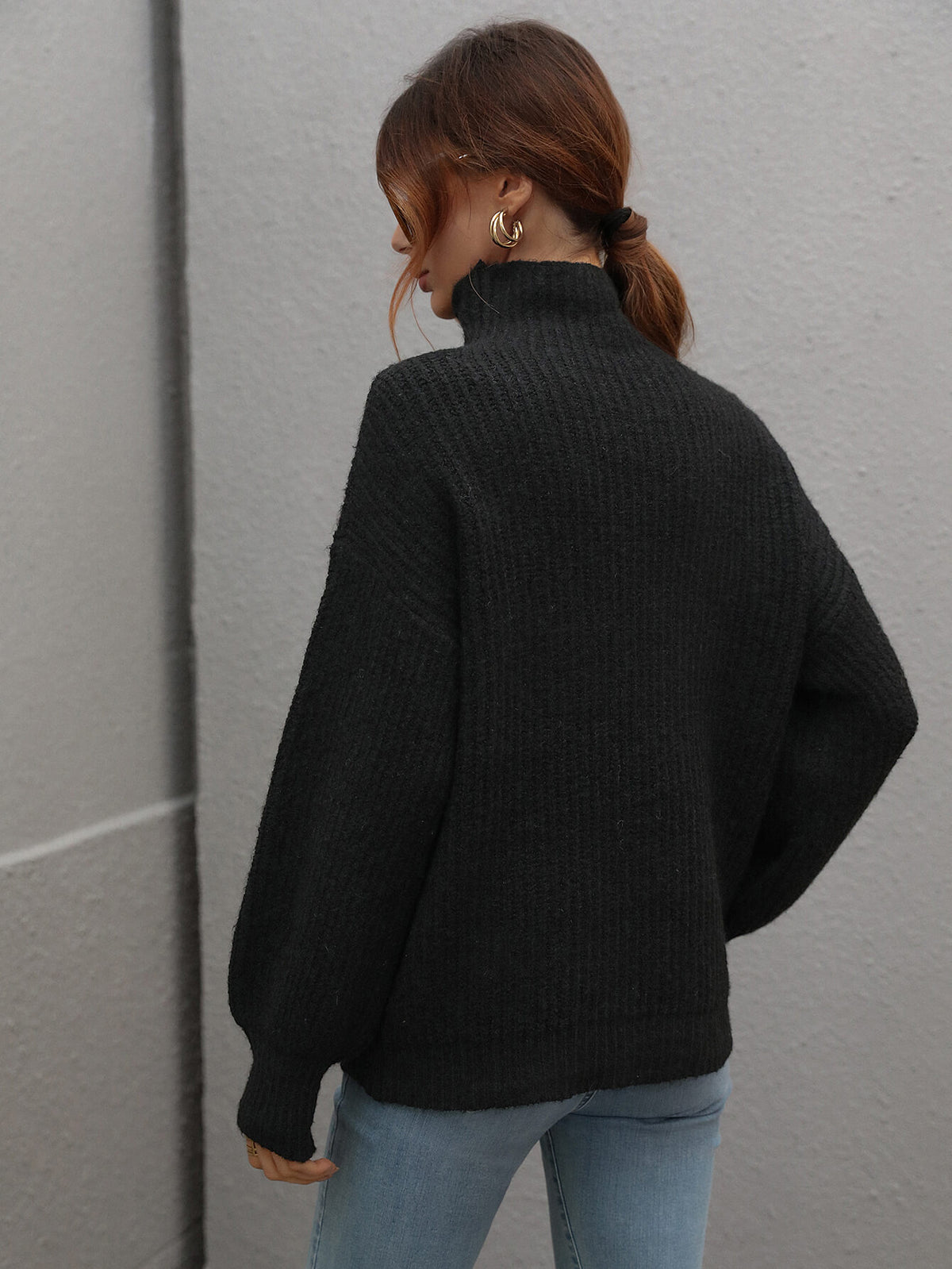 Perrin Moreau — Woven Right High Neck Balloon Sleeve Rib-Knit Pullover Sweater, alternate view 14