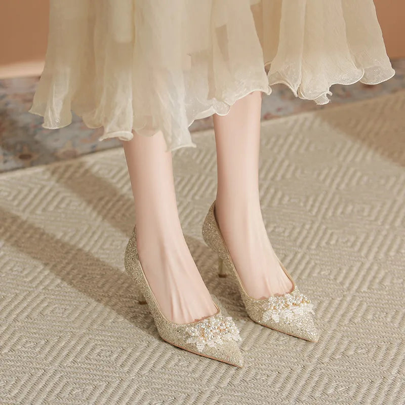 Blaise Sorrento — Pearl Detail Point Toe Pumps Gold Fashion Footwear, alternate view 2