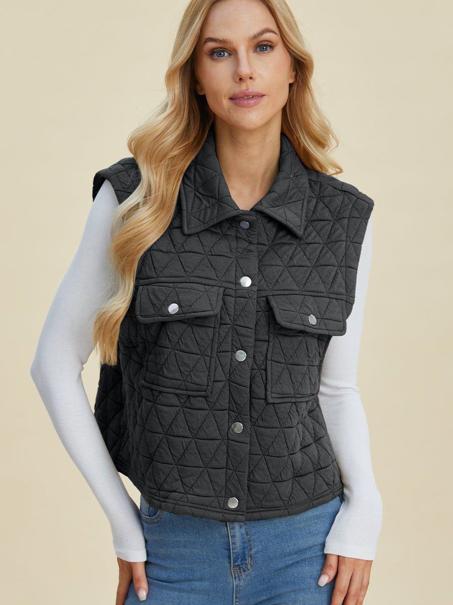 Double Take Full Size Pocketed Texture Snap Down Vest Coat