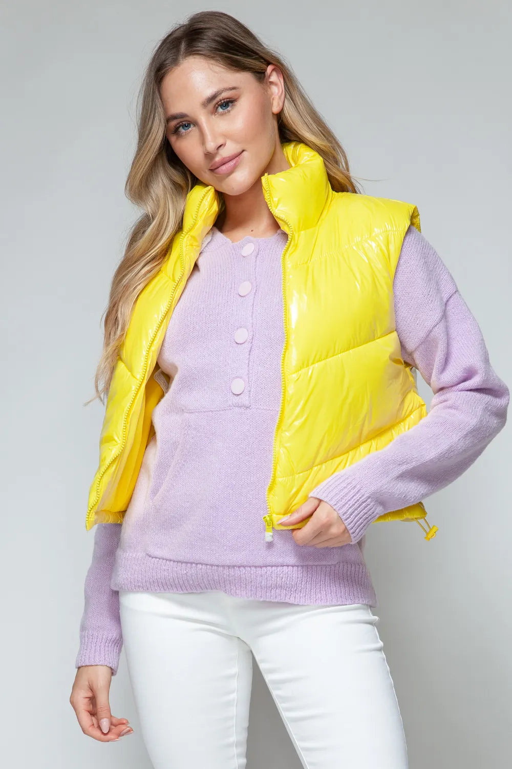 Darcy Rosetti — Snobbish Zip Up Turtleneck Shiny Quilted Vest Yellow Sweater or Cardigan, alternate view 5