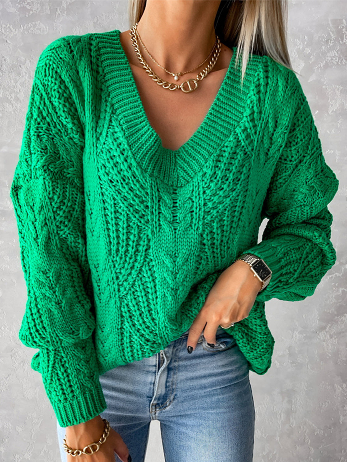 Paris Rousseau — V-Neck Cable-Knit Long Sleeve Sweater, alternate view 11