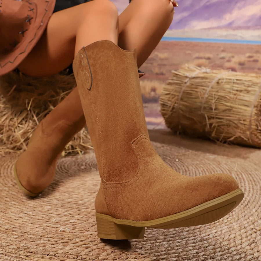 Reese Bellini — Suede Block Heels Boots Tan Fashion Footwear