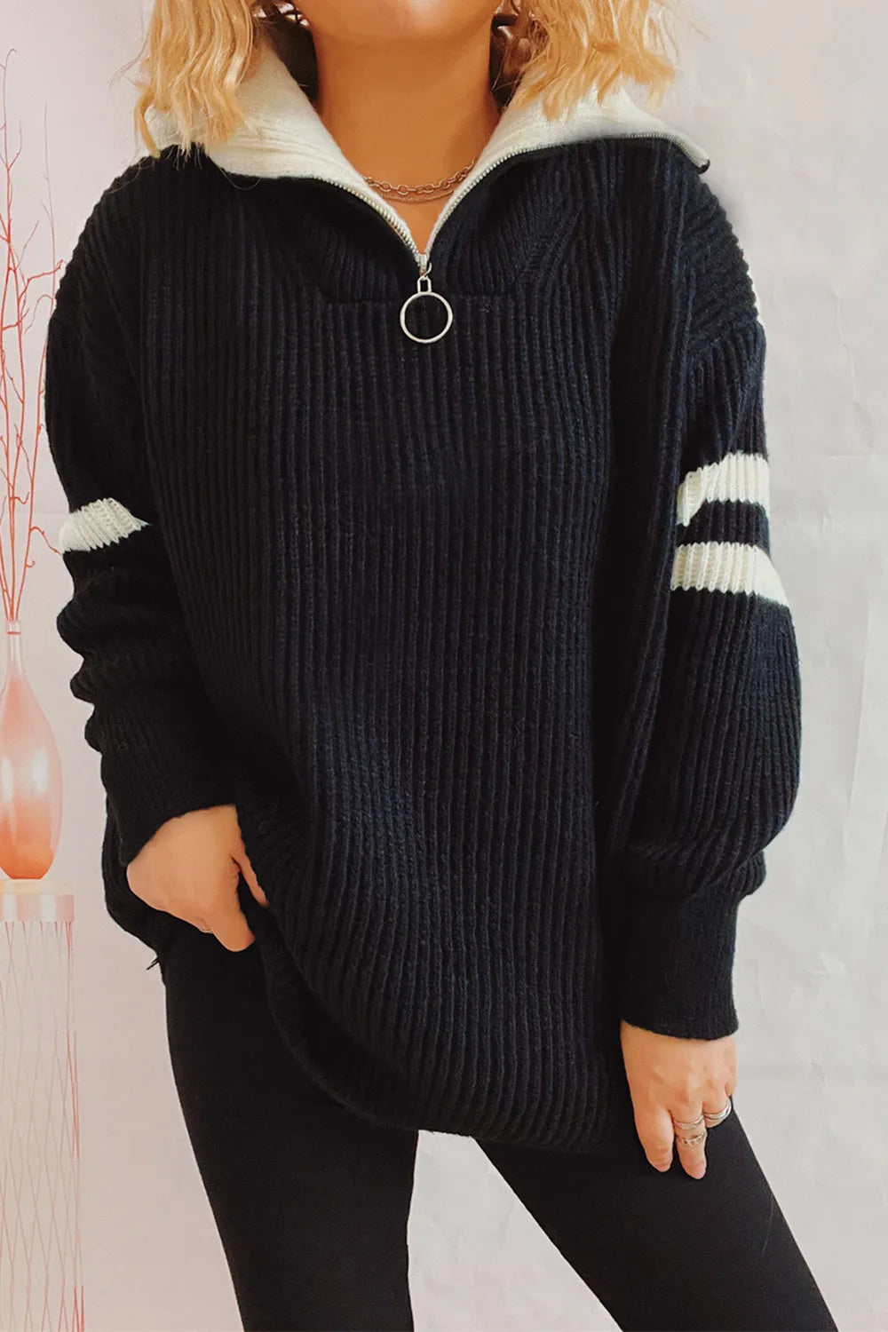 Reese Valmont — Quarter Zip Striped Dropped Shoulder Sweater, alternate view 5