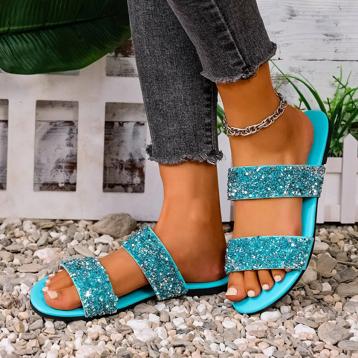 Harbor Marino — Sequin Open Toe Flats Sandals Fashion Footwear, alternate view 4