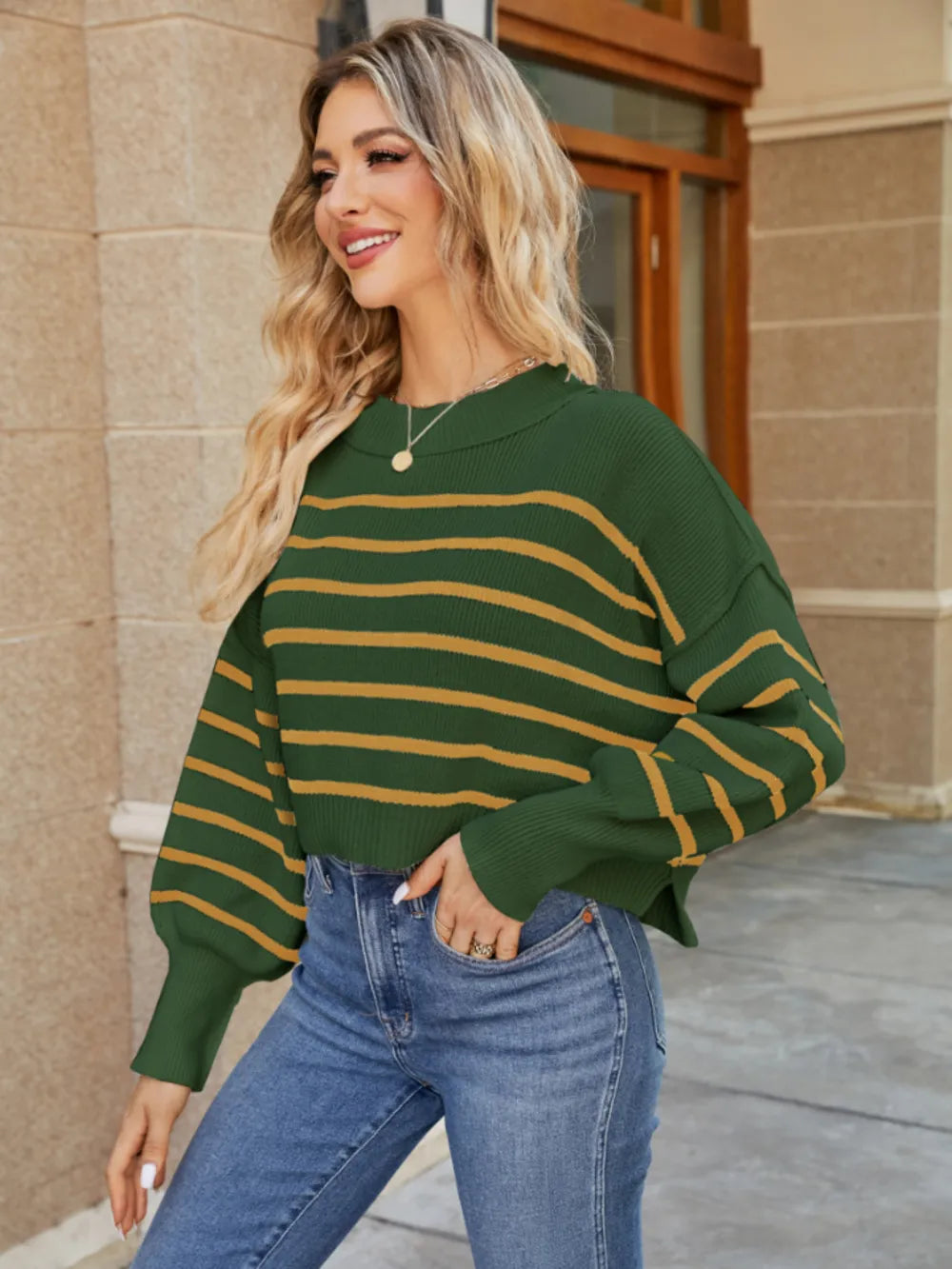 Fable Valmont — Round Neck Striped Lantern Sleeve Sweater, alternate view 8