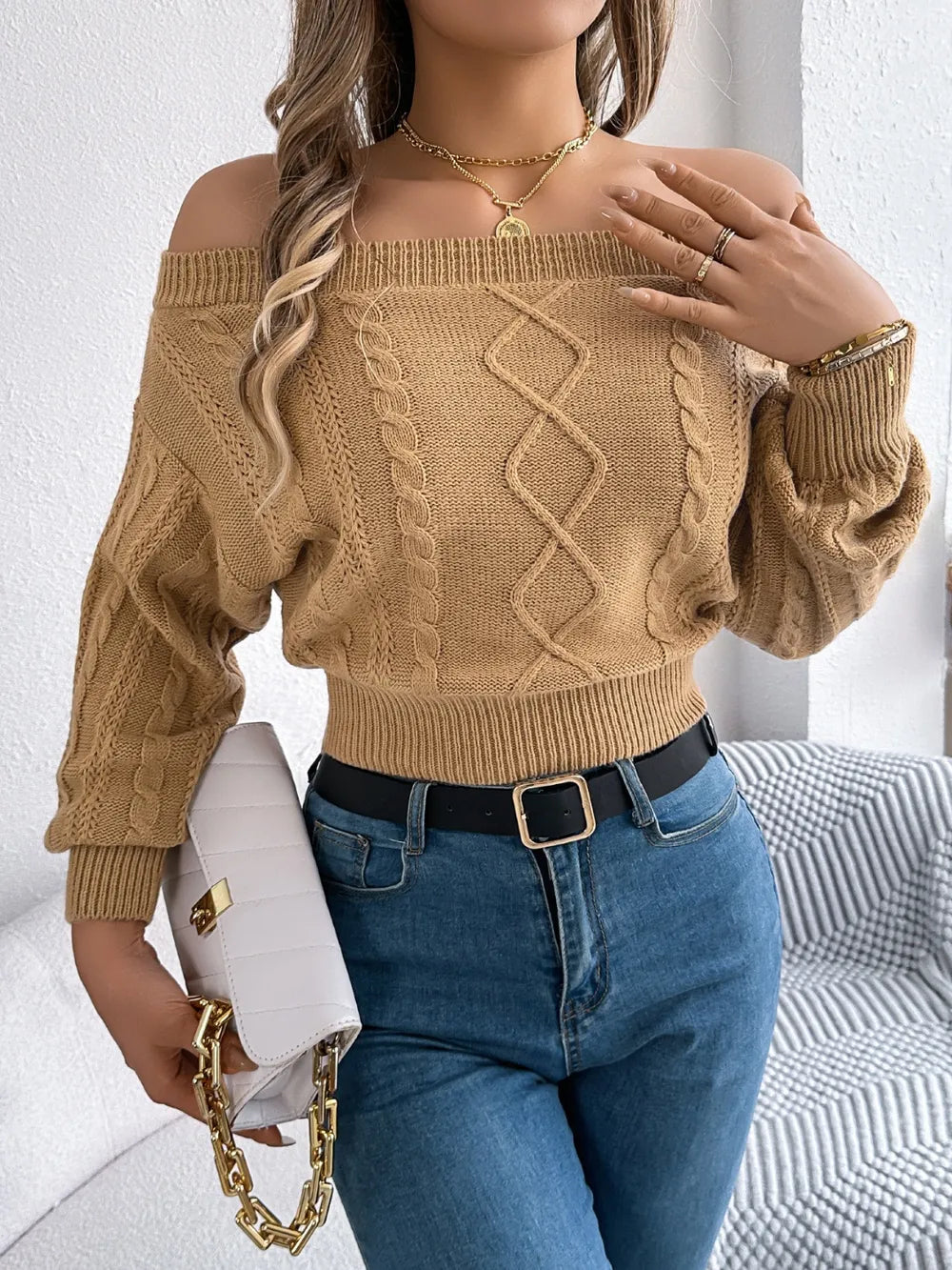 Perrin Fontaine — Cable Knit Off-Shoulder Long Sleeve Sweater, alternate view 5