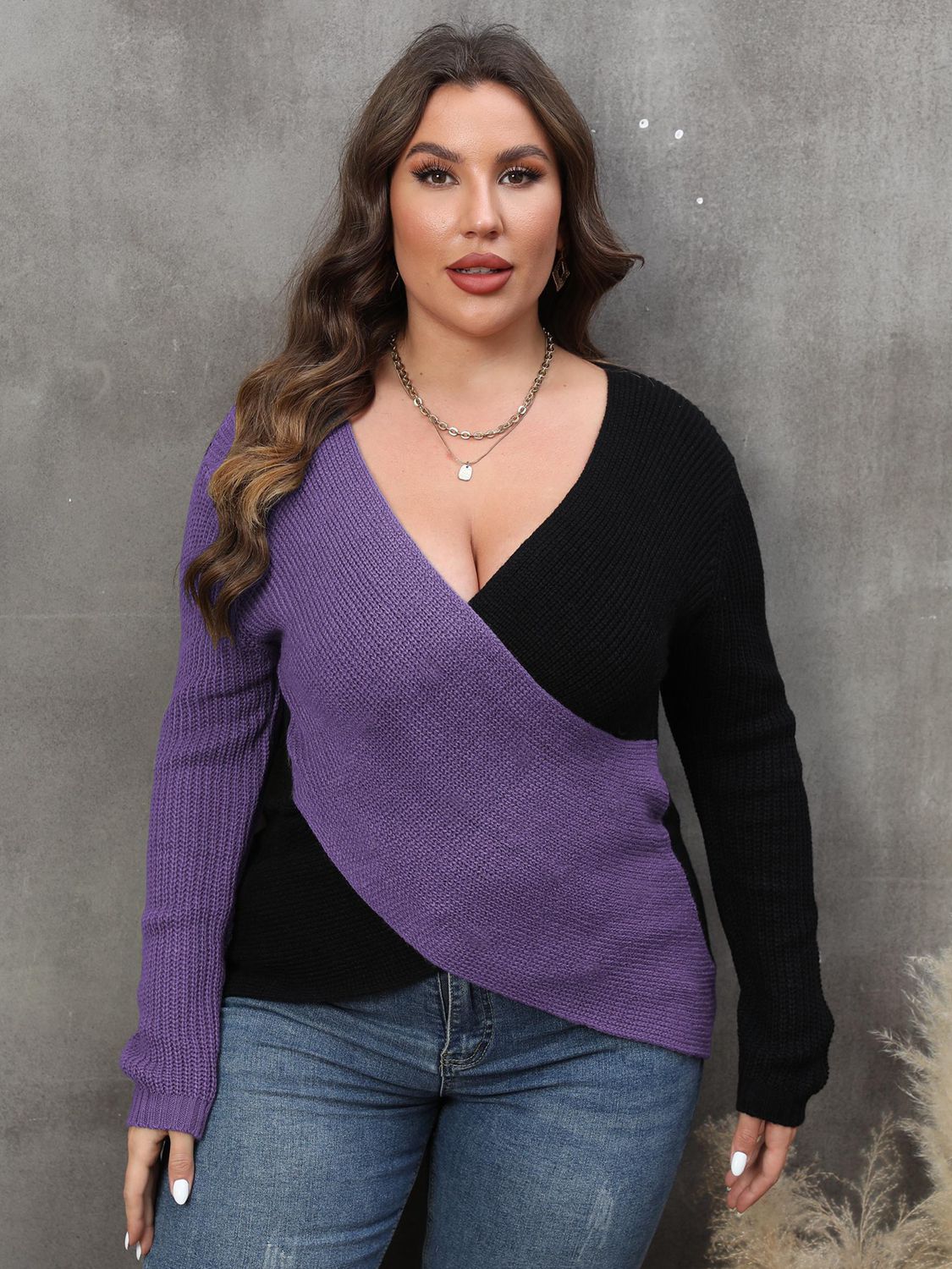 Aster Rousseau — Plus Size Two-Tone Surplice Neck Sweater, alternate view 3
