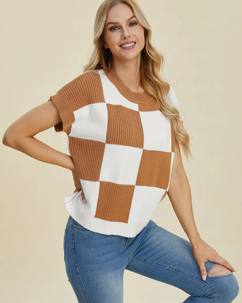 Cove Delacroix — Double Take Full Size Checkered Round Neck Short Sleeve Sweater, alternate view 11