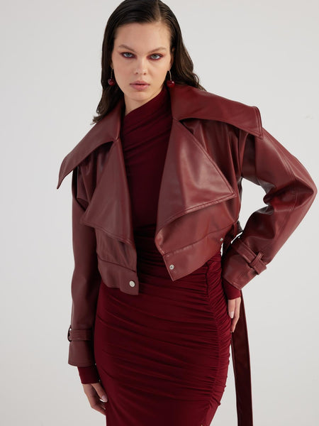 Neeko Burgundy Faux Leather Cropped Jacket-1