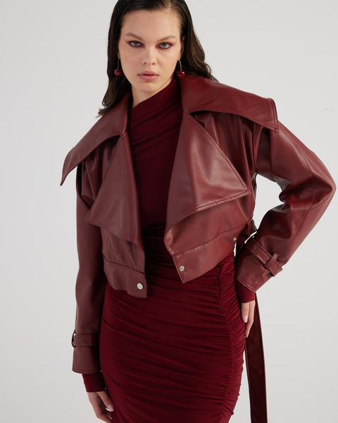 Neeko Burgundy Faux Leather Cropped Jacket-1