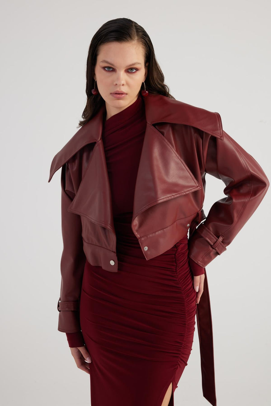 Neeko — Burgundy Faux Leather Cropped Jacket, alternate view 2