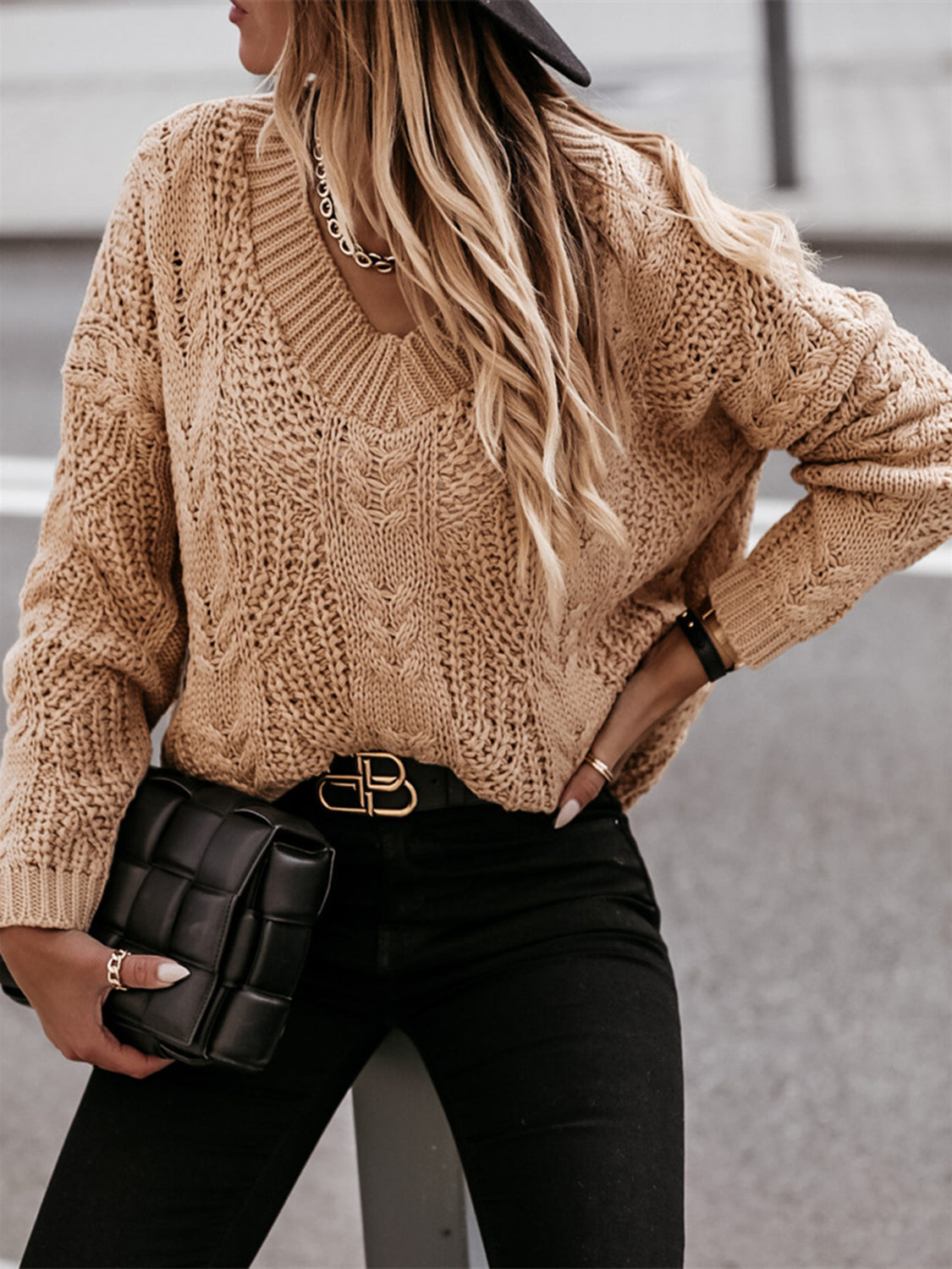 Paris Rousseau — V-Neck Cable-Knit Long Sleeve Sweater, alternate view 13