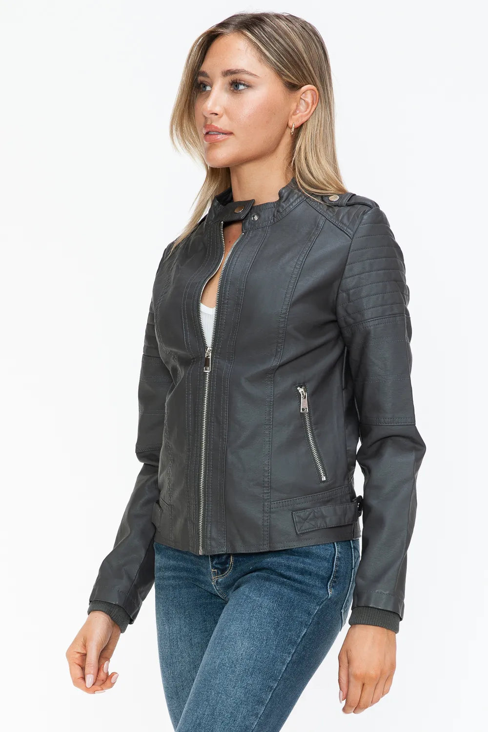 Jules Rosetti — Snobbish PU Leather Biker Jacket with Side Zip Pockets, alternate view 12