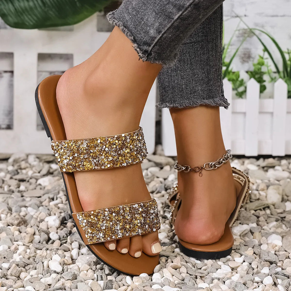 Harbor Marino — Sequin Open Toe Flats Sandals Fashion Footwear, alternate view 8