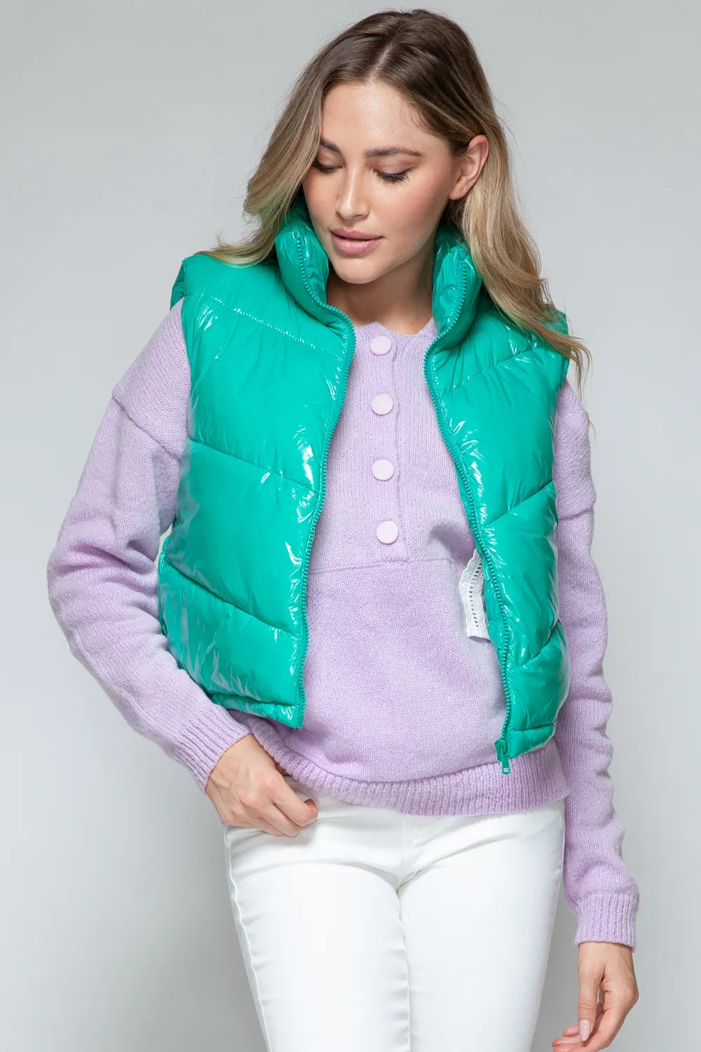 Rowan Saint-Clair — Snobbish Zip Up Turtleneck Shiny Quilted Vest Green Sweater or Cardigan, alternate view 7