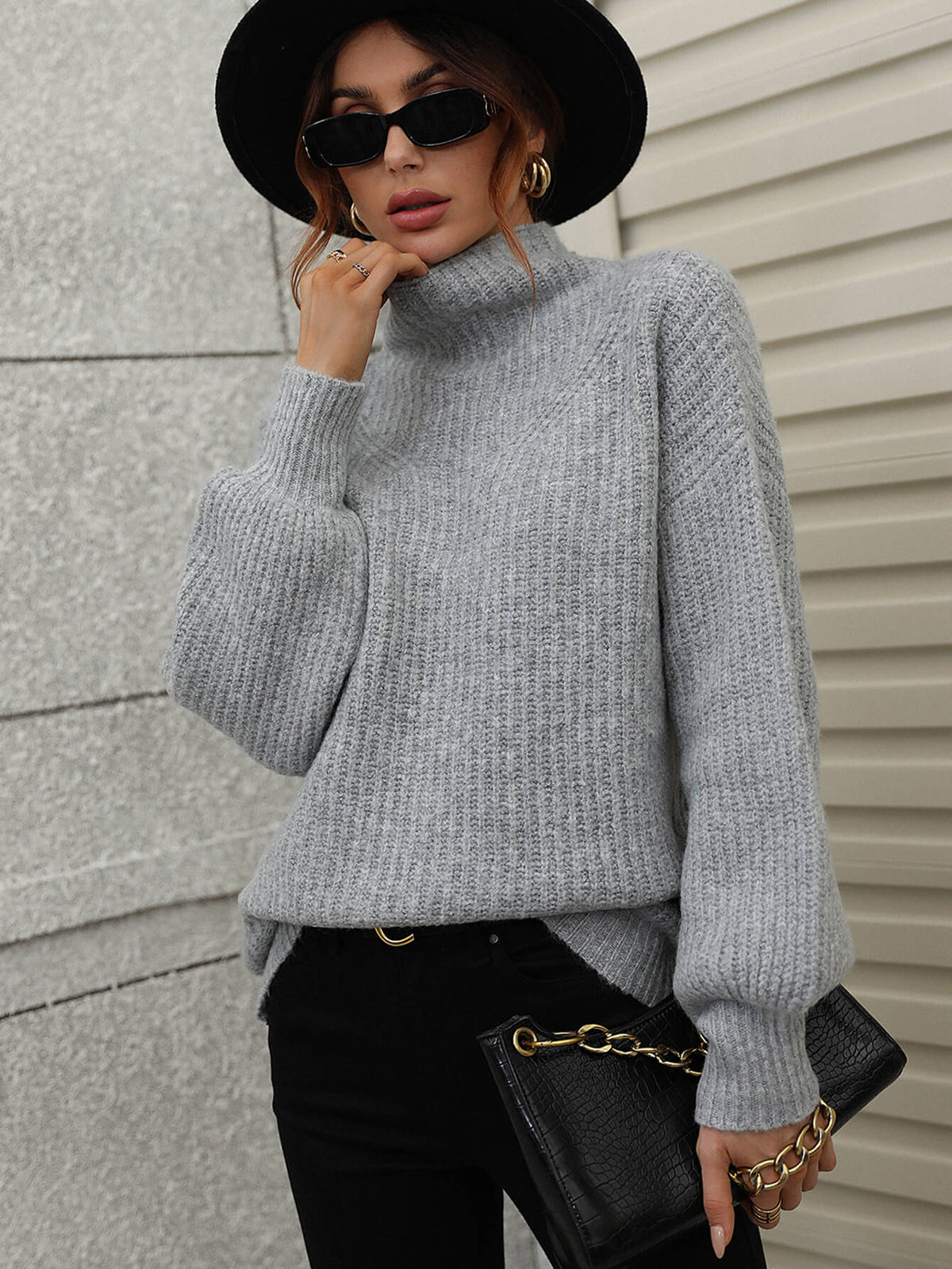Perrin Moreau — Woven Right High Neck Balloon Sleeve Rib-Knit Pullover Sweater, alternate view 15