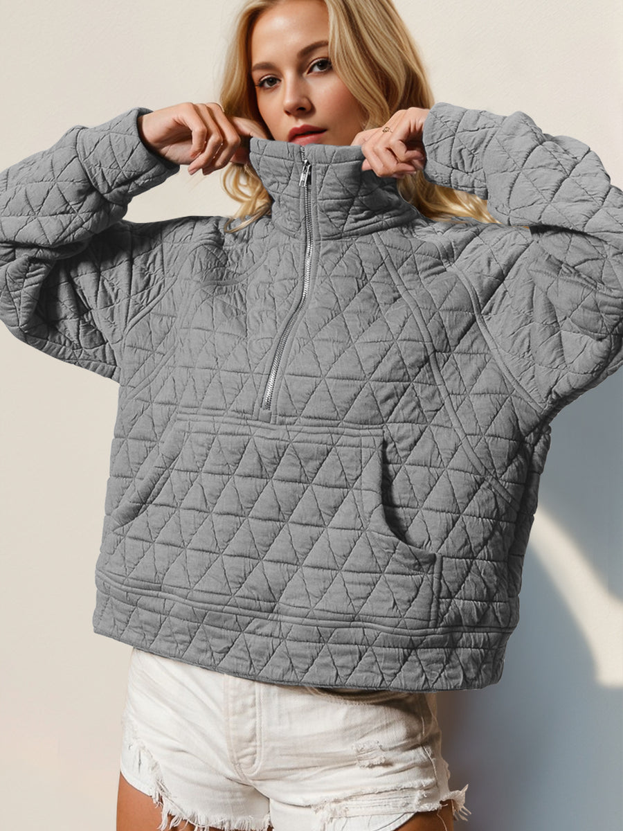 Double Take Half Zip Long Sleeve Quilted Sweatshirt with Pocket