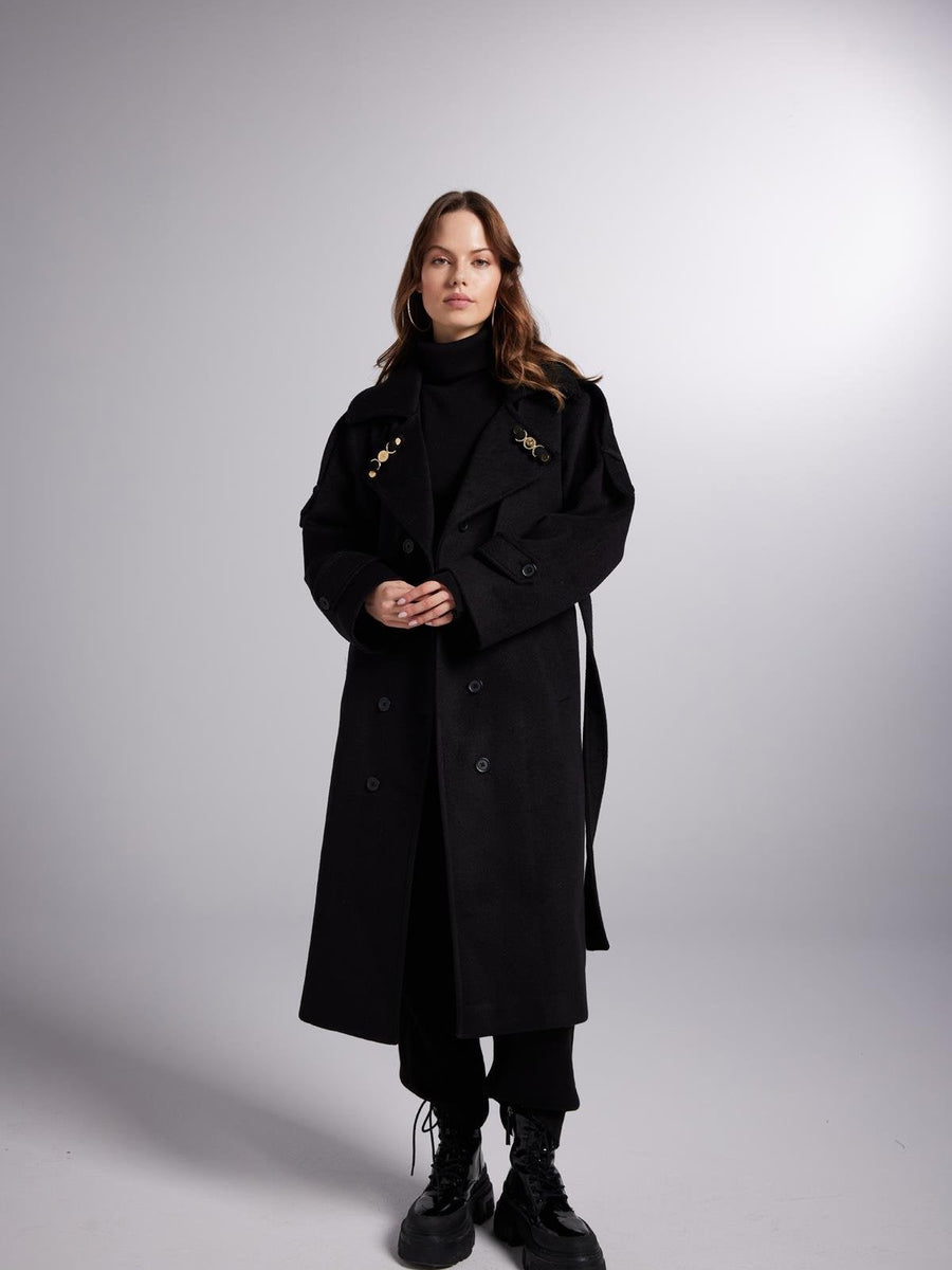 Accessorized Wool Blended Cashmere Maxi Woody Black Coat-3