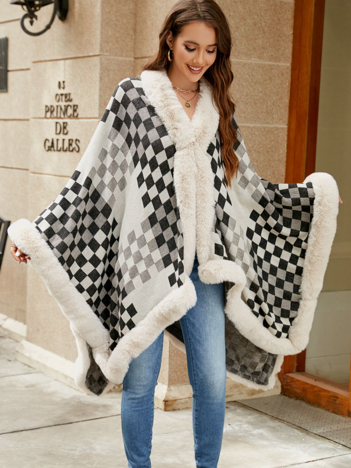 Noa Versailles — Checkered Faux Fur Trim Poncho, alternate view 3