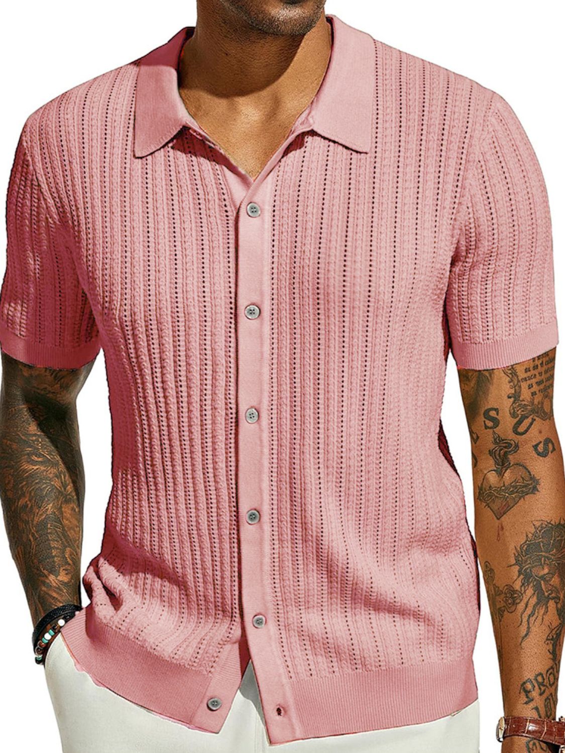 Yves — Men's Full Size Openwork Button Down Collared Neck Shirt Plus Size, alternate view 5