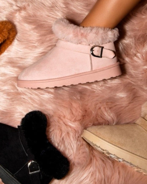 WILD DIVA Faux-Fur Buckle Round Toe Booties