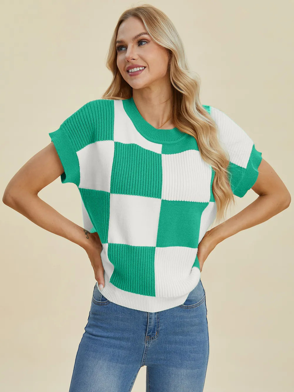 Cove Delacroix — Double Take Full Size Checkered Round Neck Short Sleeve Sweater, alternate view 19