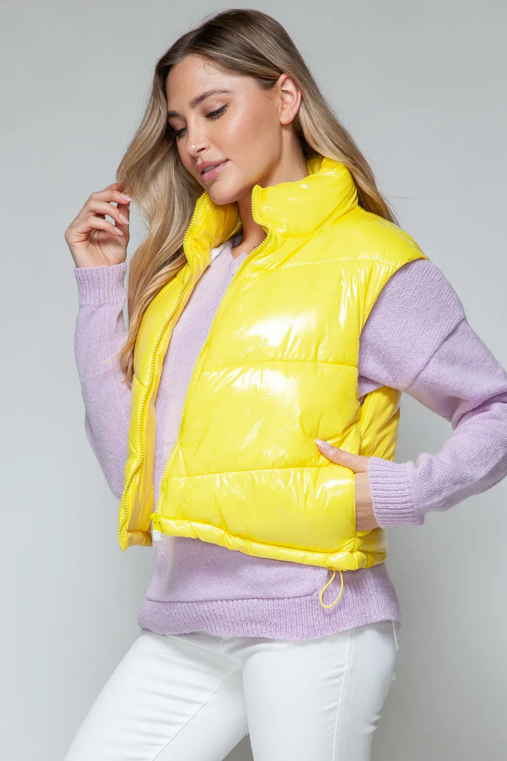 Darcy Rosetti — Snobbish Zip Up Turtleneck Shiny Quilted Vest Yellow Sweater or Cardigan, alternate view 4