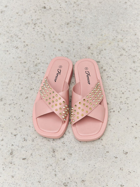Forever Link Studded Cross Strap Sandals in Blush - Opulent Empire
