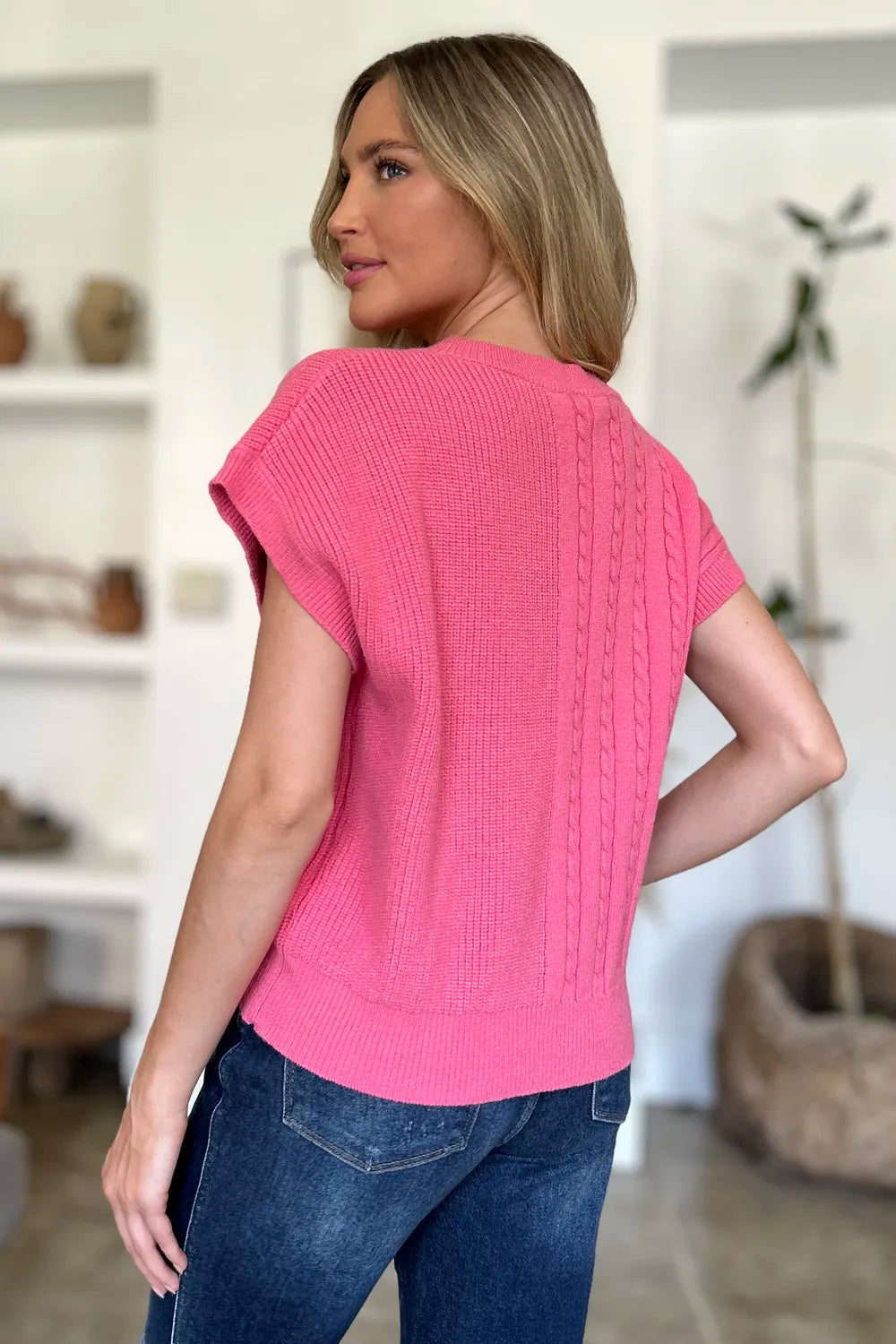 Quinn Fontaine — Double Take Full Size Cable-Knit Round Neck Short Sleeve Sweater, alternate view 8
