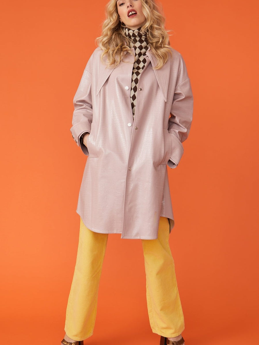 Baby Pink Oversized Faux Suede Leather Trench Coat with Exaggerated Collar-0