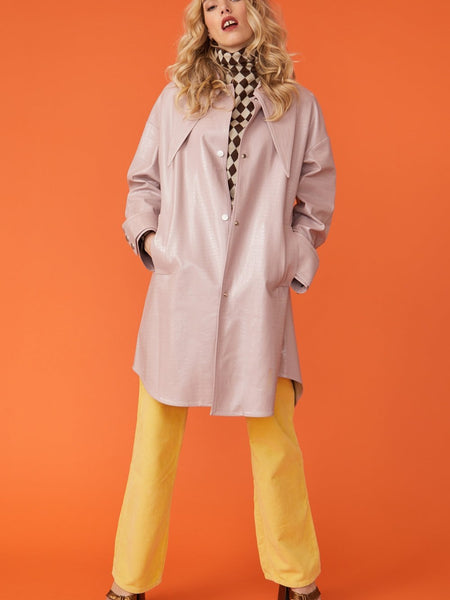Baby Pink Oversized Faux Suede Leather Trench Coat with Exaggerated Collar-0