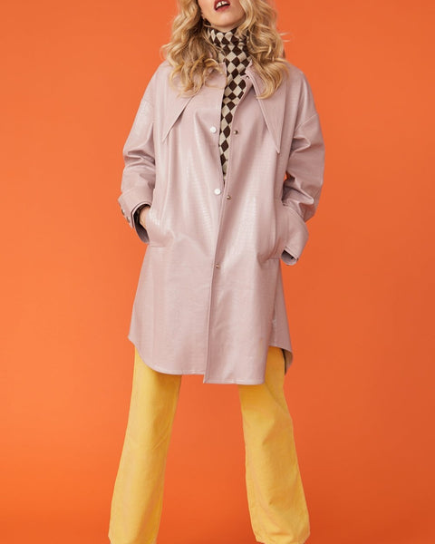 Baby Pink Oversized Faux Suede Leather Trench Coat with Exaggerated Collar-0